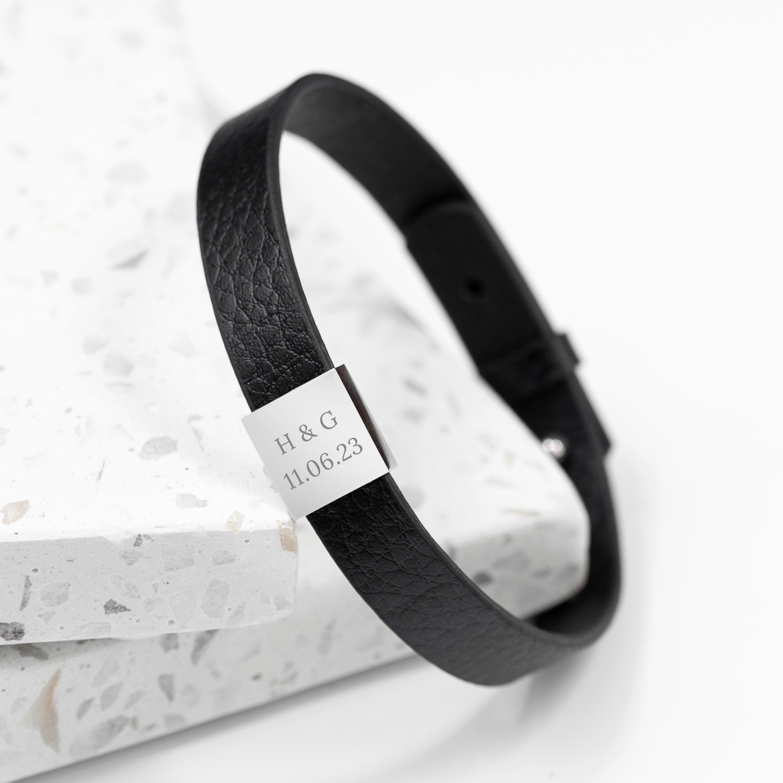 Personalised Men's Soho Tag Message Black Leather Bracelet