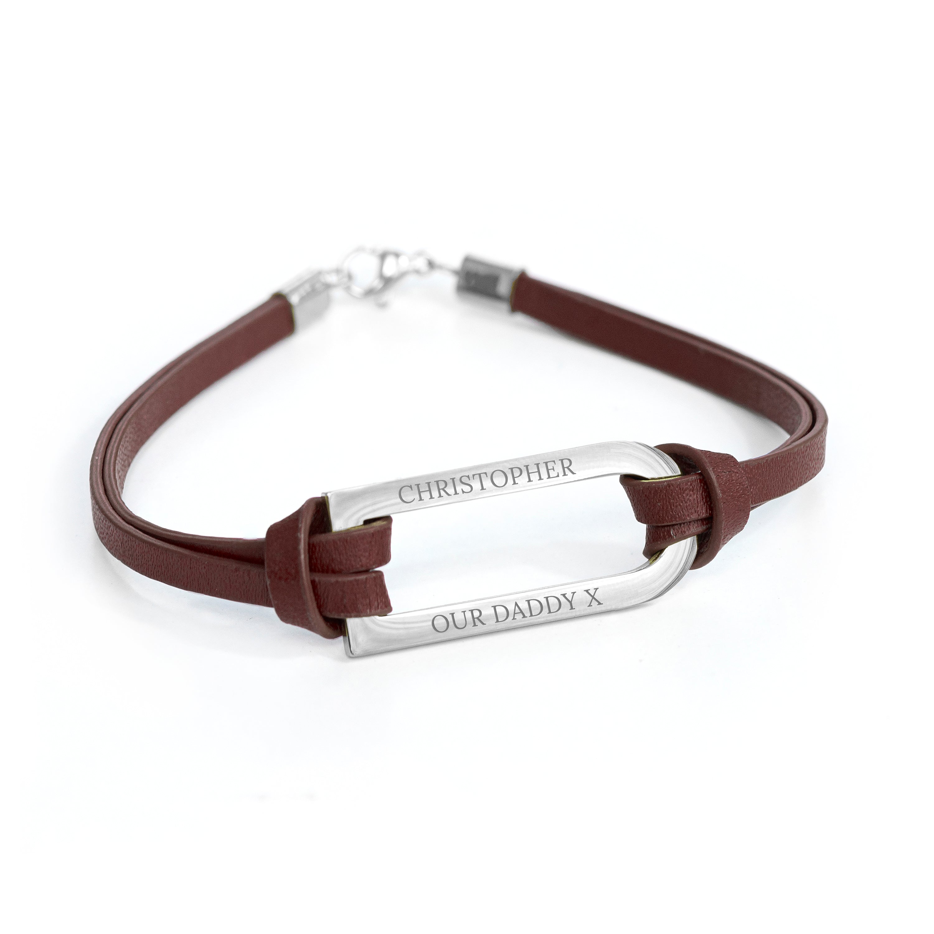 Personalised Men's Shoreditch Silver Bar Brown Leather Bracelet