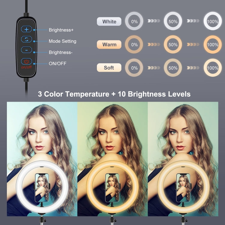 PULUZ 10.2 inch 26cm Light + 1.1m Tripod Mount + Dual Phone Brackets USB 3 Modes Dimmable Dual Color Temperature LED Curved Diffuse Light Ring Vlogging Selfie Photography Video Lights with Phone Clamp & Selfie Remote Control(Black)