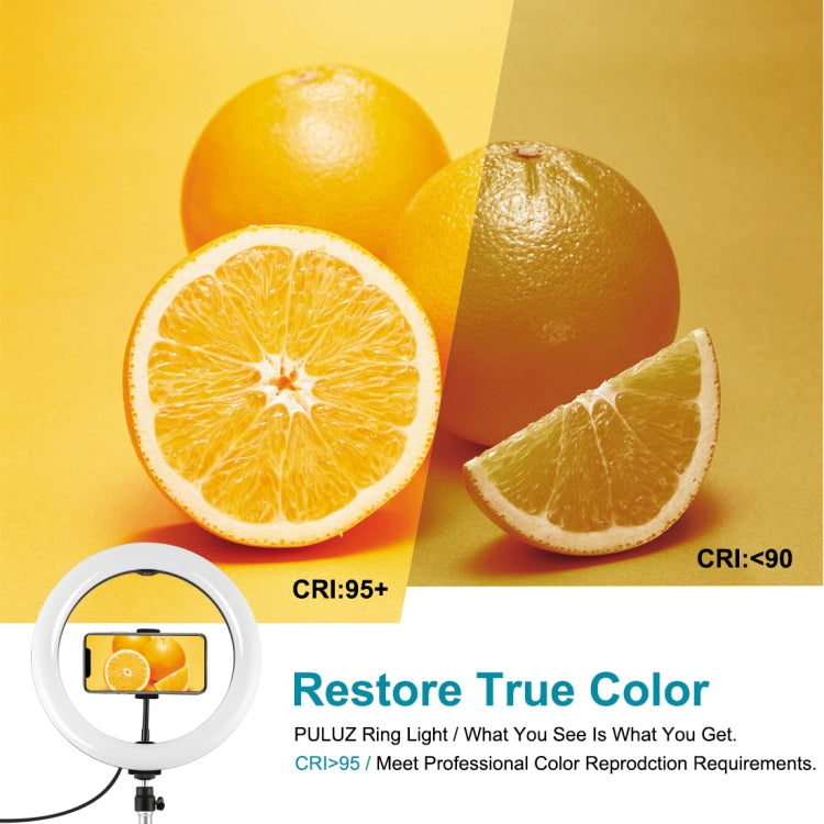 PULUZ 10.2 inch 26cm Light + 1.1m Tripod Mount + Dual Phone Brackets USB 3 Modes Dimmable Dual Color Temperature LED Curved Diffuse Light Ring Vlogging Selfie Photography Video Lights with Phone Clamp & Selfie Remote Control(Black)