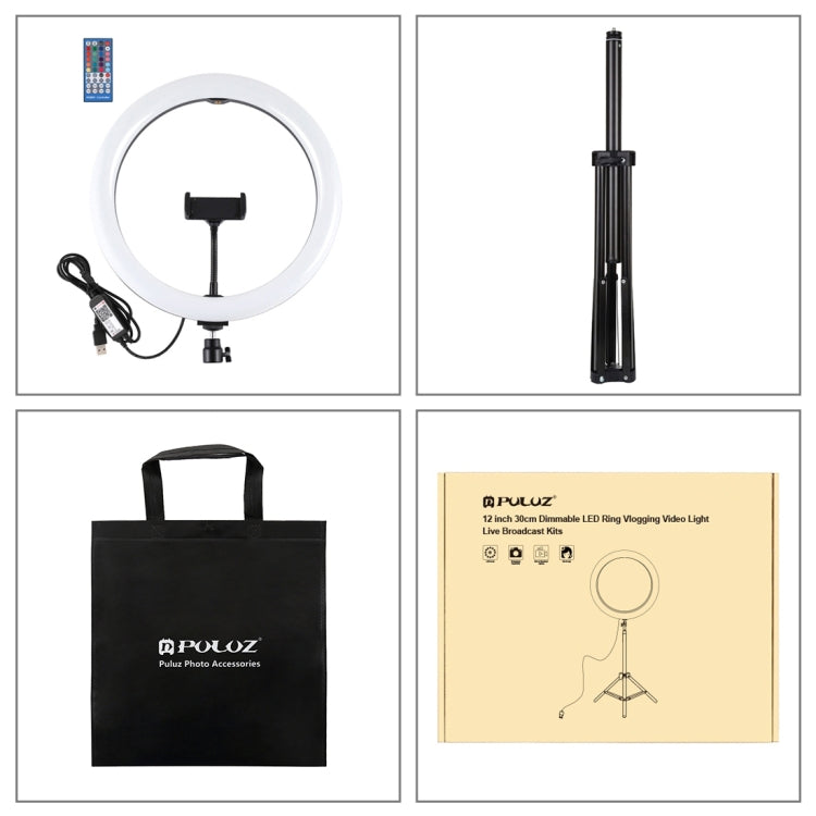 PULUZ 11.8 inch 30cm RGBW Light + 1.65m Mount Curved Surface RGBW Dimmable LED Ring Selfie Vlogging Light Live Broadcast Kits with Cold Shoe Tripod Adapter & Phone Clamp & Remote Control(Black)