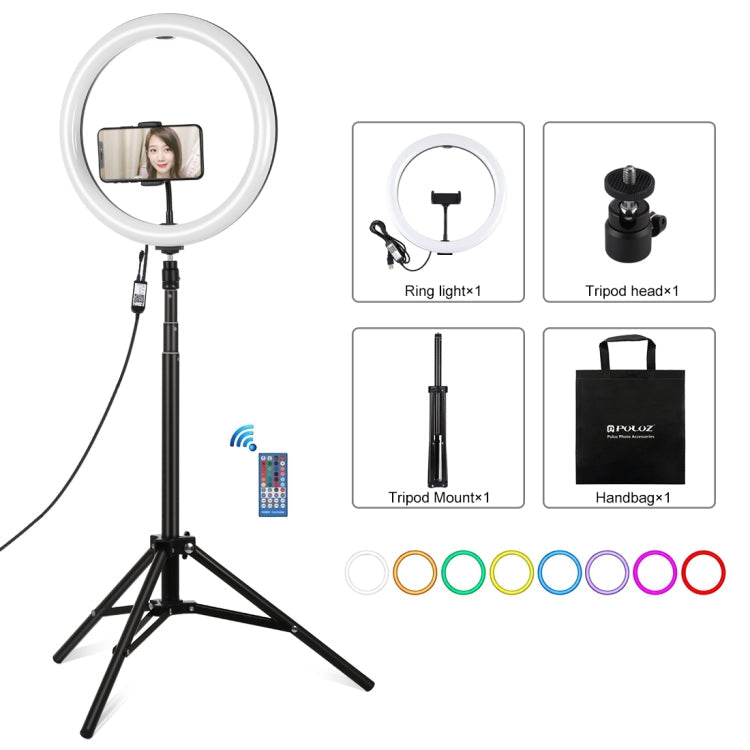 PULUZ 11.8 inch 30cm RGBW Light + 1.65m Mount Curved Surface RGBW Dimmable LED Ring Selfie Vlogging Light Live Broadcast Kits with Cold Shoe Tripod Adapter & Phone Clamp & Remote Control(Black)