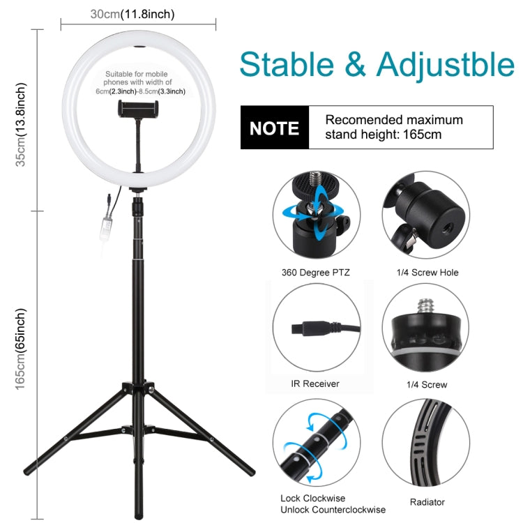 PULUZ 11.8 inch 30cm RGBW Light + 1.65m Mount Curved Surface RGBW Dimmable LED Ring Selfie Vlogging Light Live Broadcast Kits with Cold Shoe Tripod Adapter & Phone Clamp & Remote Control(Black)