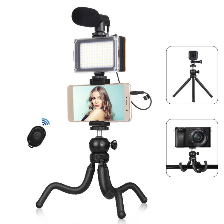 PULUZ 4 in 1 Vlogging Live Mini Octopus Bracket Kit + Studio Light + Microphone + Phone Clamp Kits, 4 in 1 Tripod