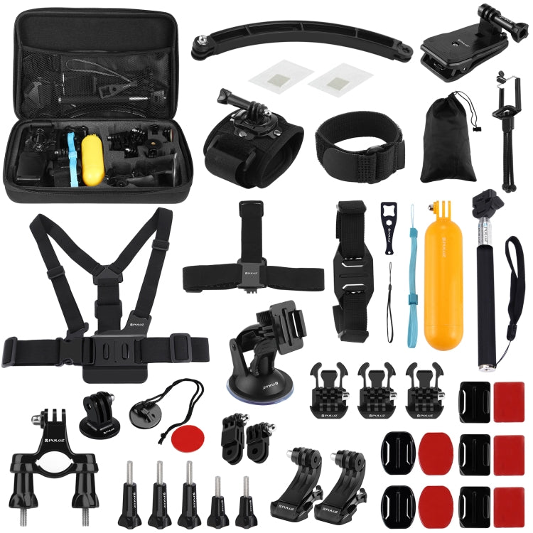 PULUZ 50 in 1 Accessories Total Ultimate Combo Kits with EVA Case (Chest Strap + Suction Cup Mount + 3-Way Pivot Arms + J-Hook Buckle + Wrist Strap + Helmet Strap + Extendable Monopod + Surface Mounts ... for GoPro, Insta360, DJI and Other Action Cameras