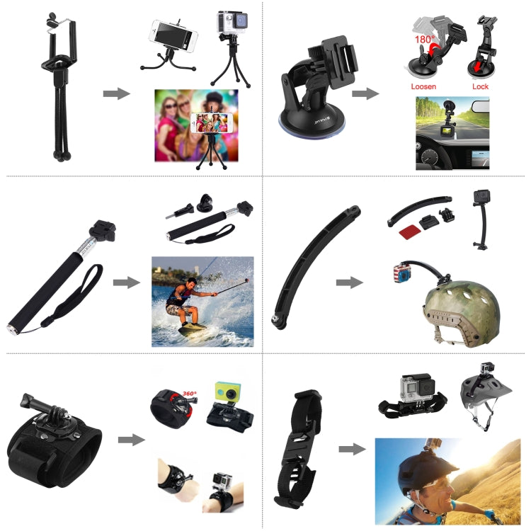 PULUZ 50 in 1 Accessories Total Ultimate Combo Kits with EVA Case (Chest Strap + Suction Cup Mount + 3-Way Pivot Arms + J-Hook Buckle + Wrist Strap + Helmet Strap + Extendable Monopod + Surface Mounts ... for GoPro, Insta360, DJI and Other Action Cameras