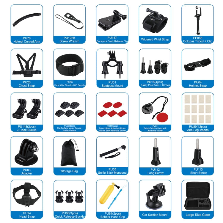 PULUZ 50 in 1 Accessories Total Ultimate Combo Kits with EVA Case (Chest Strap + Suction Cup Mount + 3-Way Pivot Arms + J-Hook Buckle + Wrist Strap + Helmet Strap + Extendable Monopod + Surface Mounts ... for GoPro, Insta360, DJI and Other Action Cameras