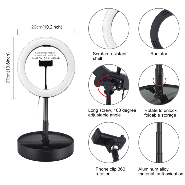 PULUZ 10.2 inch 26cm USB 3 Modes Dimmable Dual Color Temperature LED Curved Ring Vlogging Selfie Photography Video Lights with Bluetooth Remote Shutter & Folding Desktop Holder & Phone Clamp