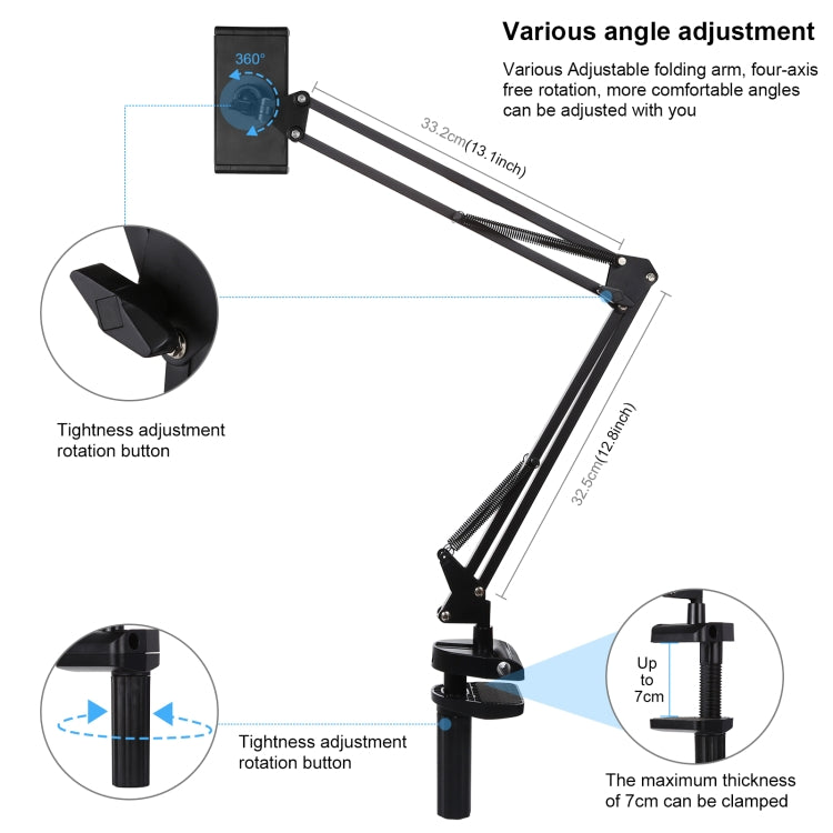 PULUZ Live Broadcast Desktop Arm Stand Suspension Clamp Holder with Tablet PC Clamp(Black)