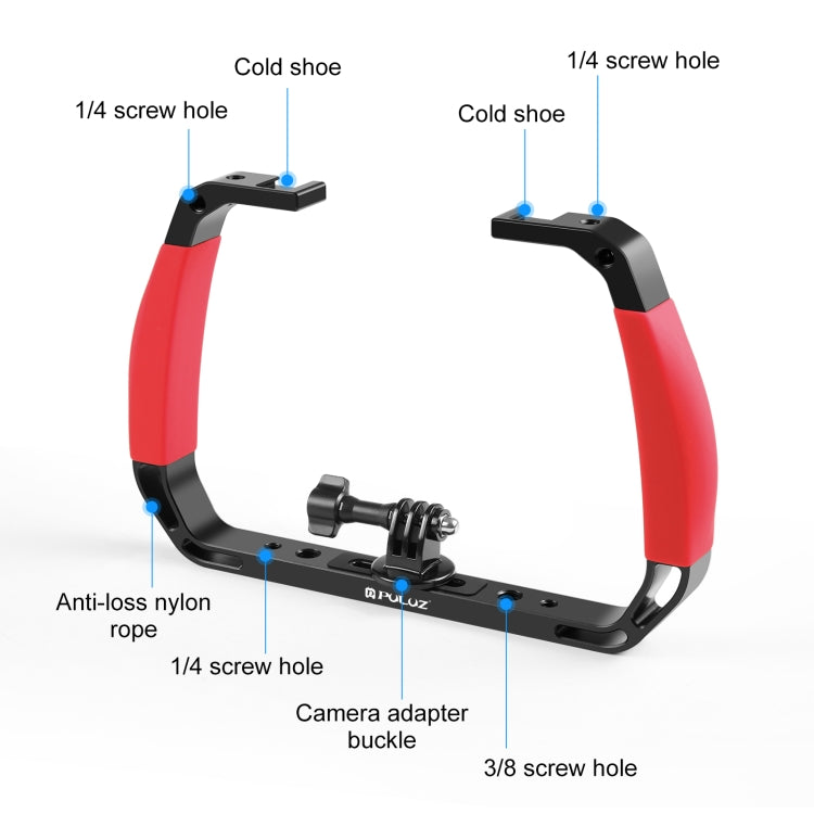 PULUZ Dual Silicone Handles Aluminium Alloy Underwater Diving Rig for GoPro, Other Action Cameras and Smartphones (Red)