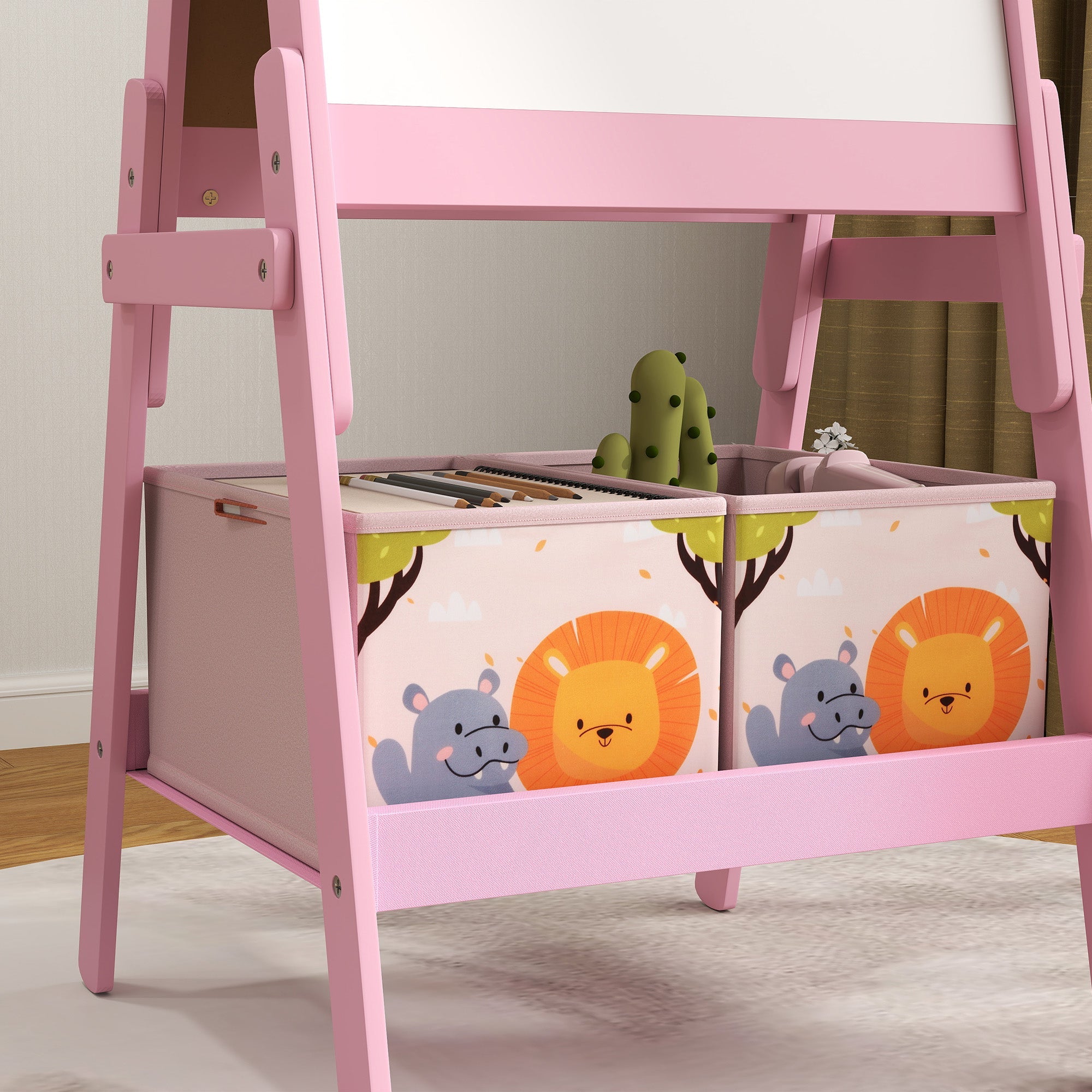 AIYAPLAY 2 in 1 Kids Easel with Whiteboard, Chalkboard, Storage Boxes, Pink