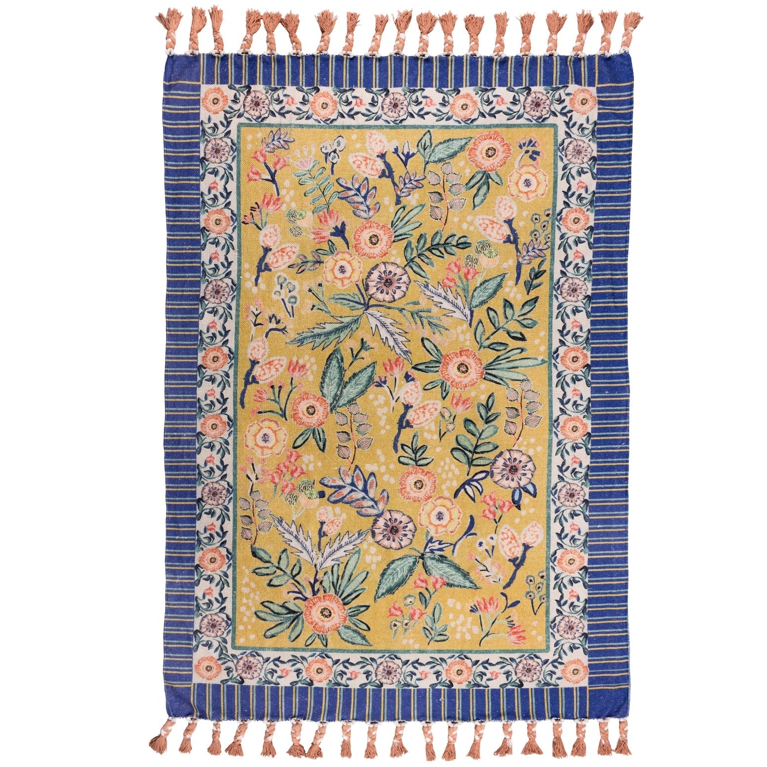 Rosa Country Floral Cotton Rug with Braided Tassel Trim