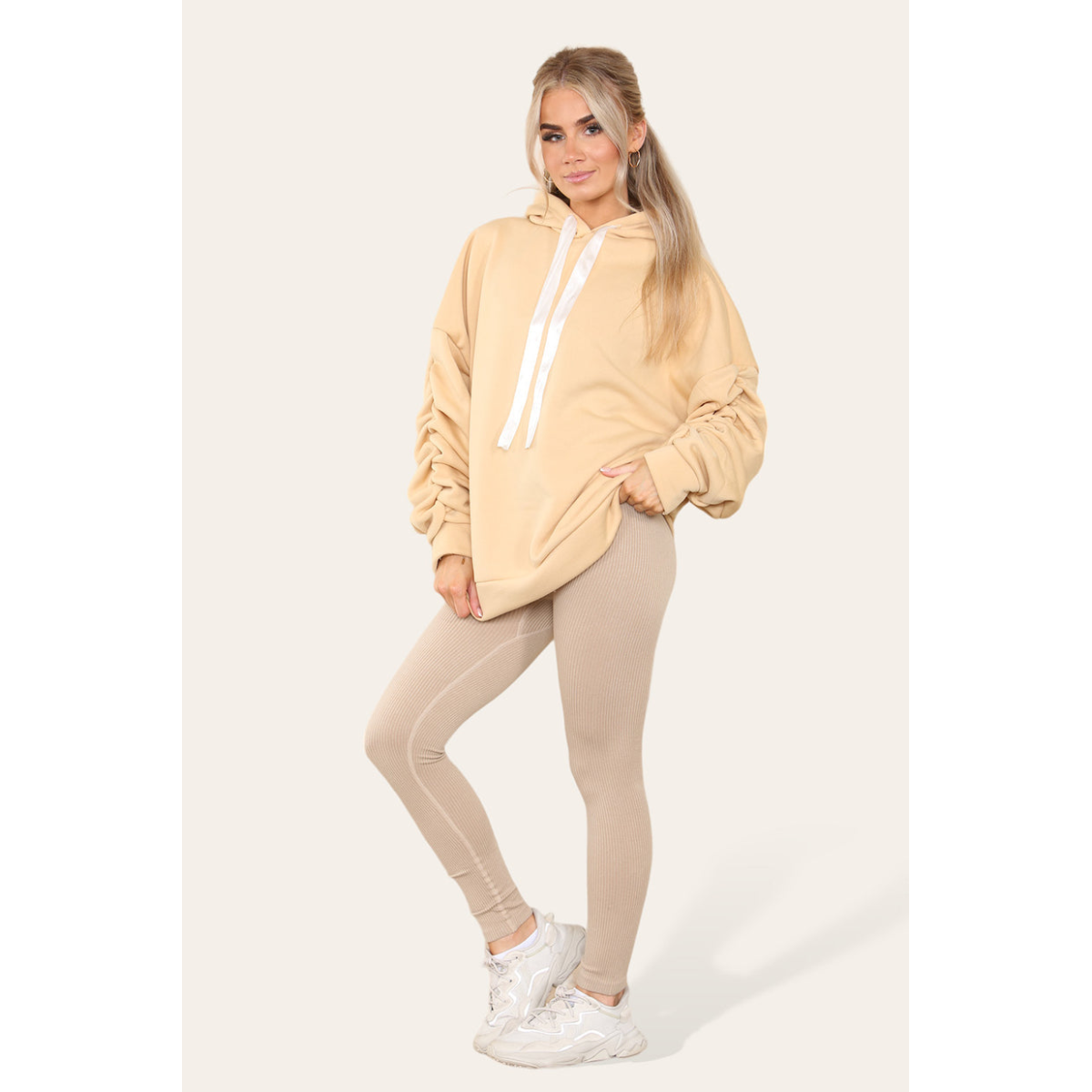 Ruched Sleeves Plus Size Hoodie with Satin Ribbon - Stylish Comfort