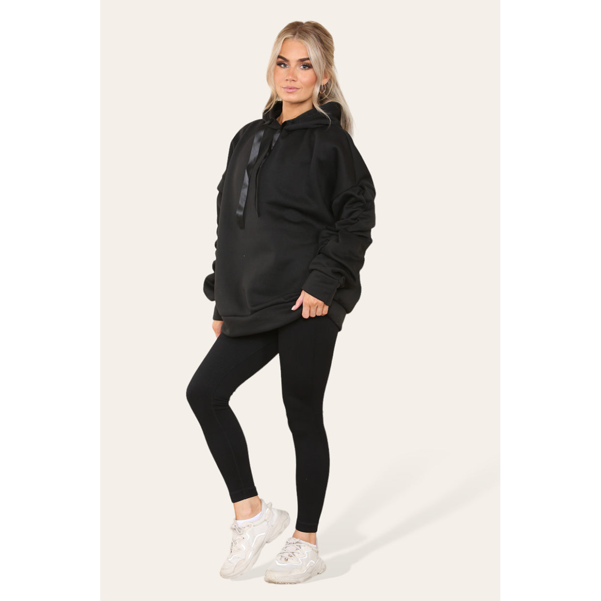 Ruched Sleeves Plus Size Hoodie with Satin Ribbon - Stylish Comfort