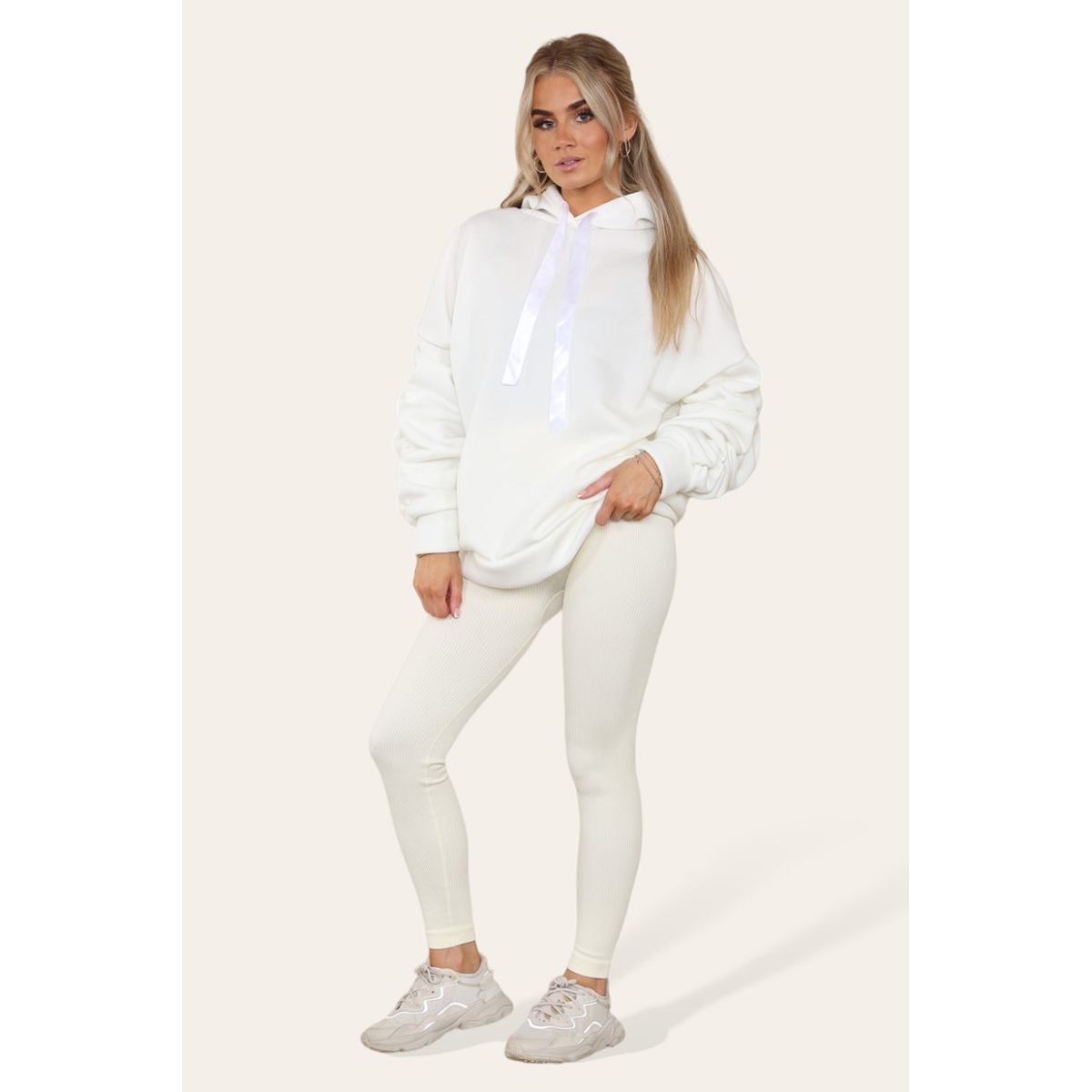 Ruched Sleeves Plus Size Hoodie with Satin Ribbon - Stylish Comfort