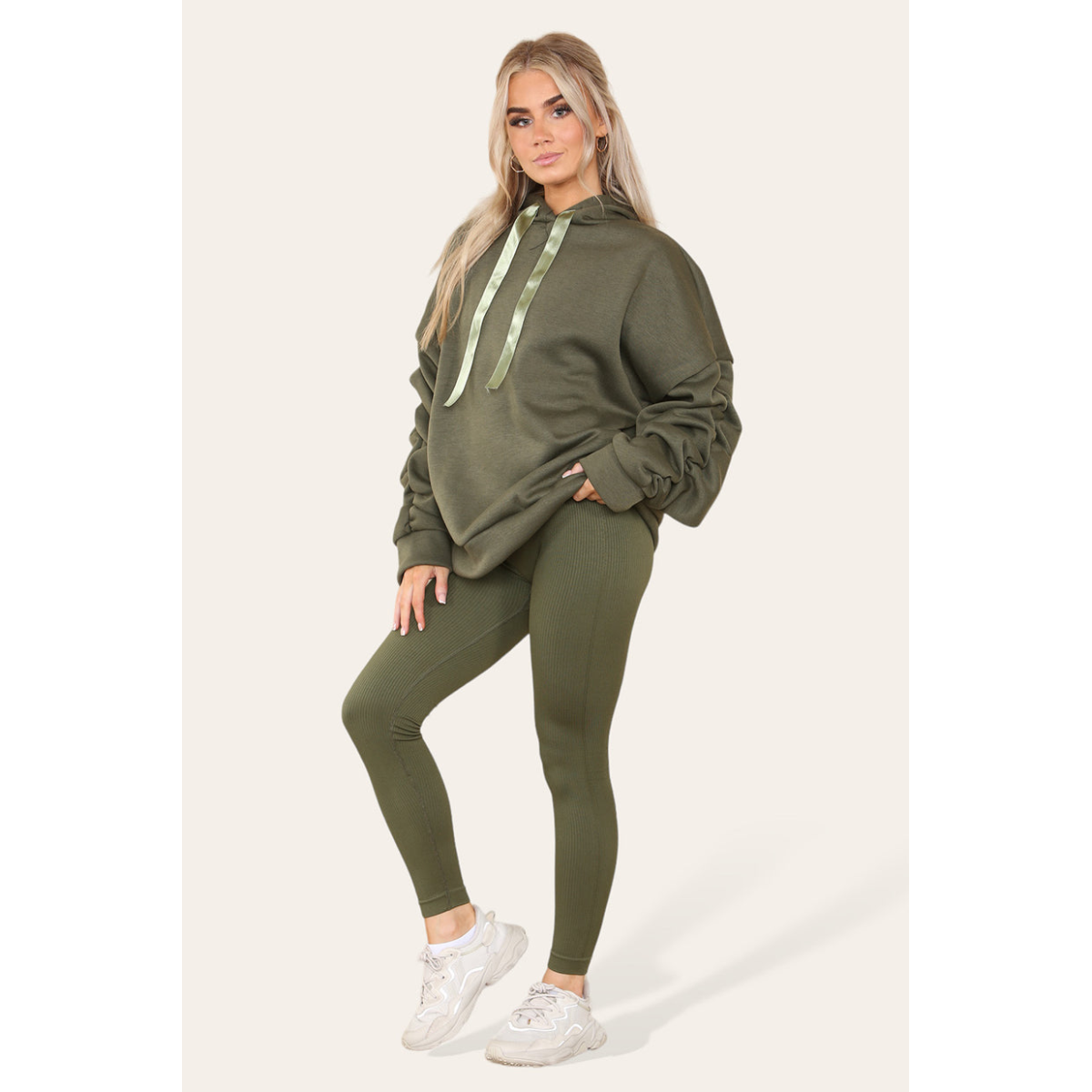 Ruched Sleeves Plus Size Hoodie with Satin Ribbon - Stylish Comfort
