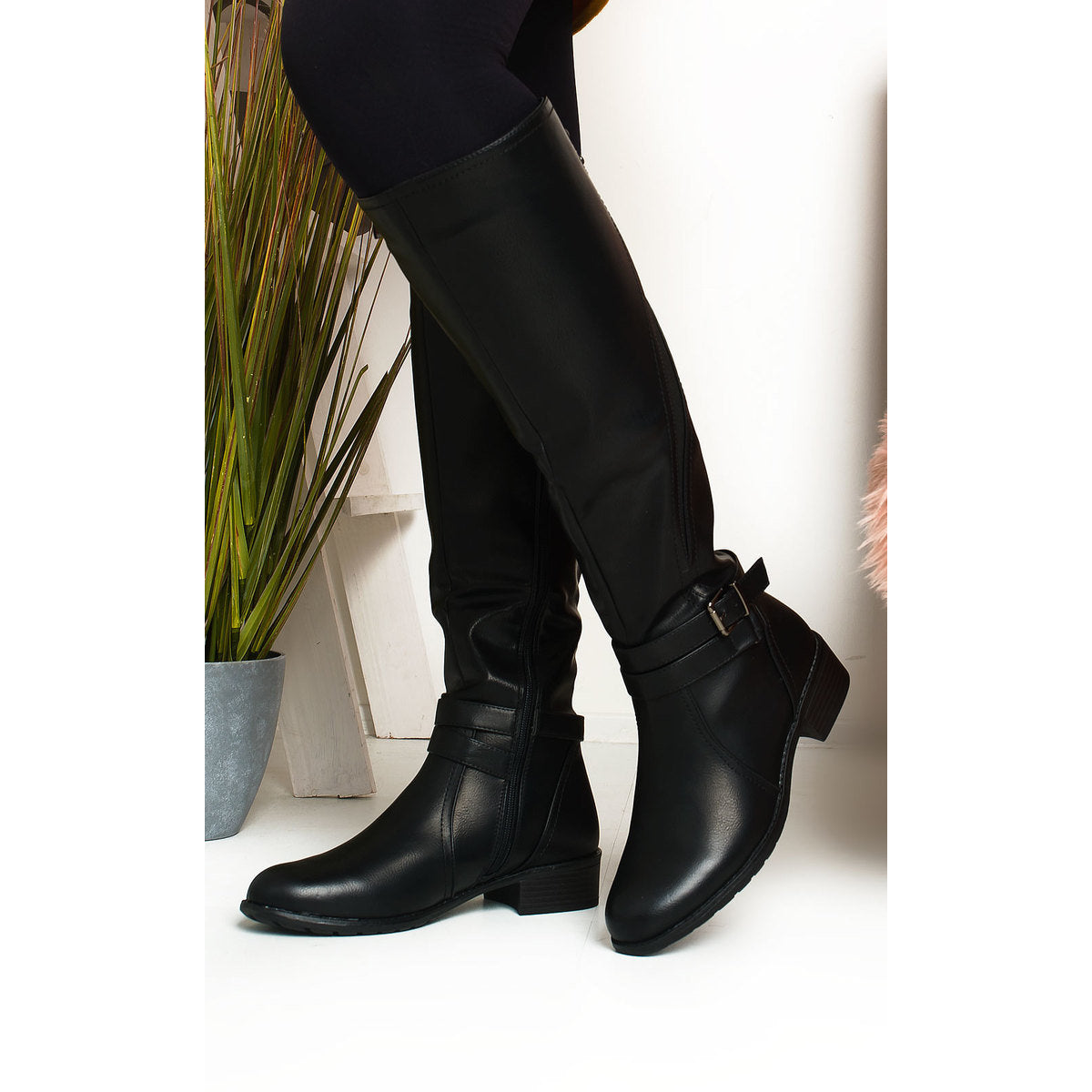 Faux Leather Buckle Knee High Boots