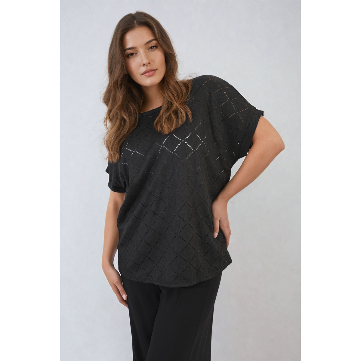 Bow Back Eyelet Details Short Sleeve Oversized Top