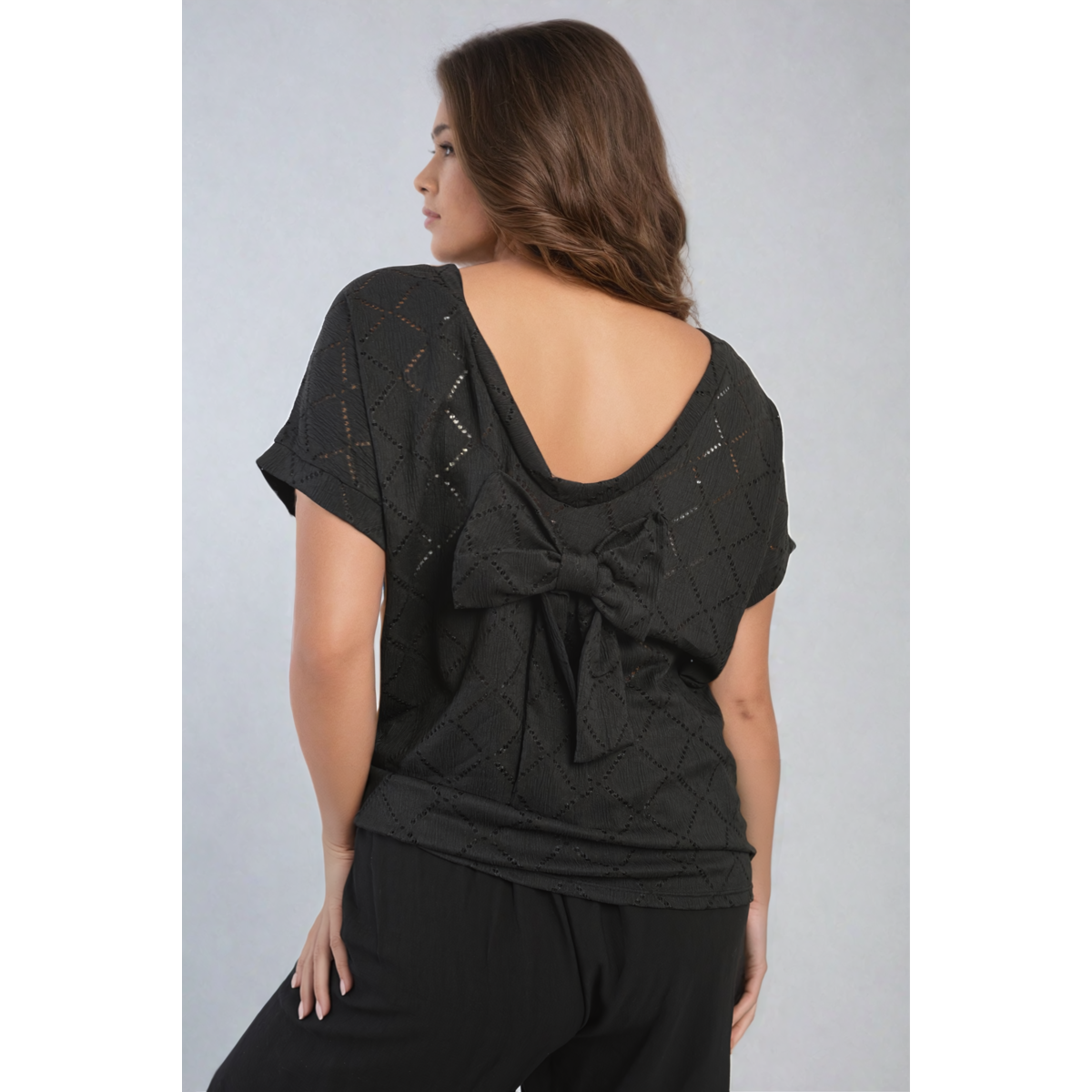 Bow Back Eyelet Details Short Sleeve Oversized Top