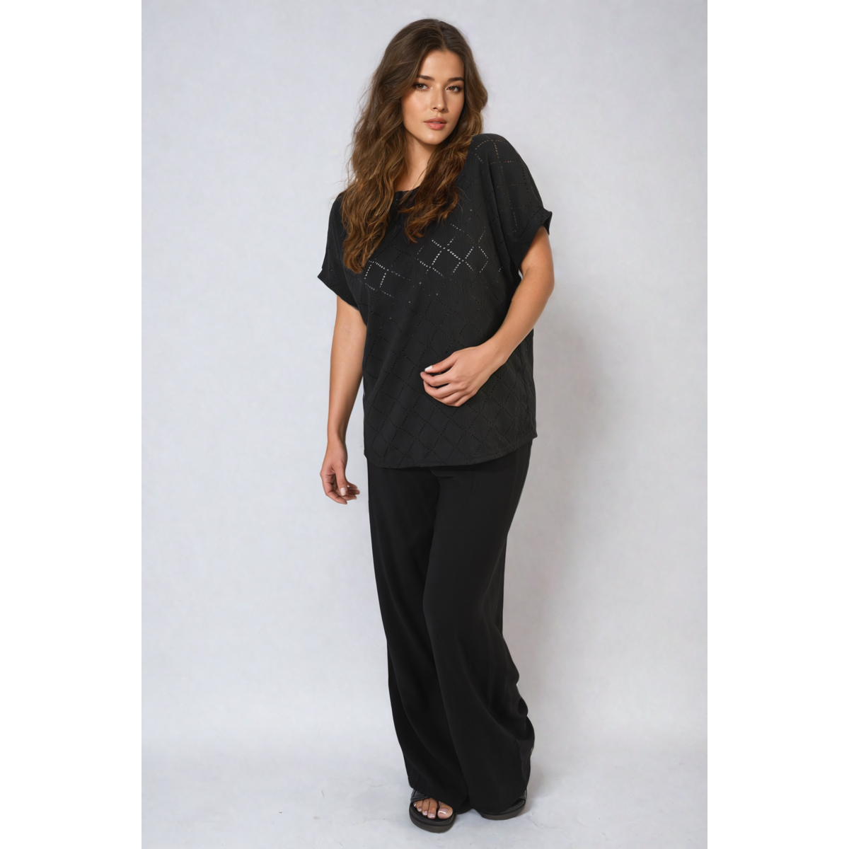 Bow Back Eyelet Details Short Sleeve Oversized Top