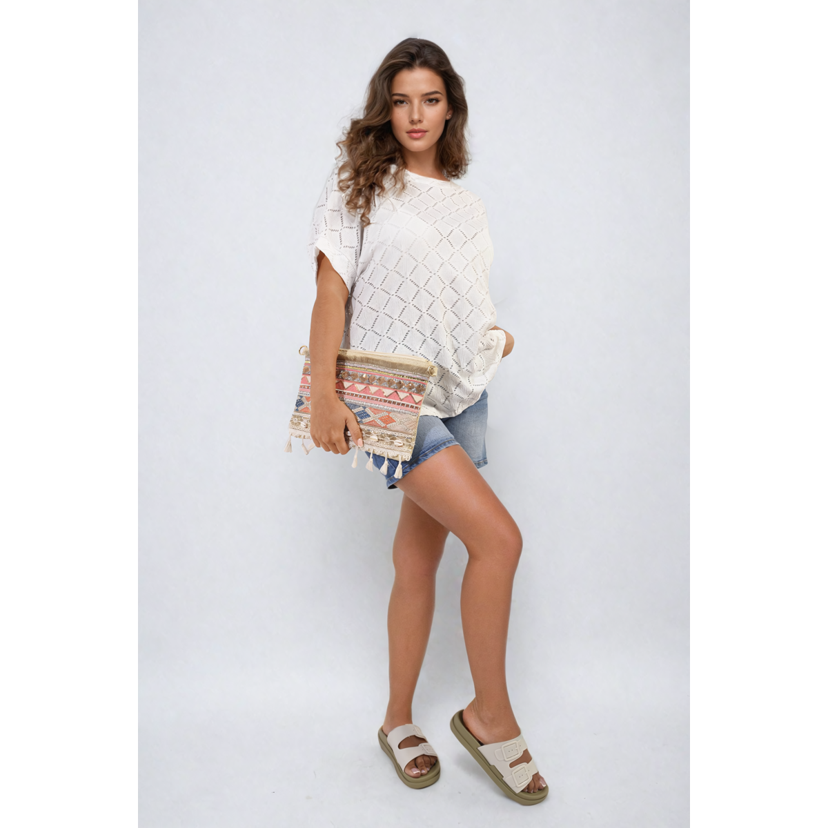 Bow Back Eyelet Details Short Sleeve Oversized Top