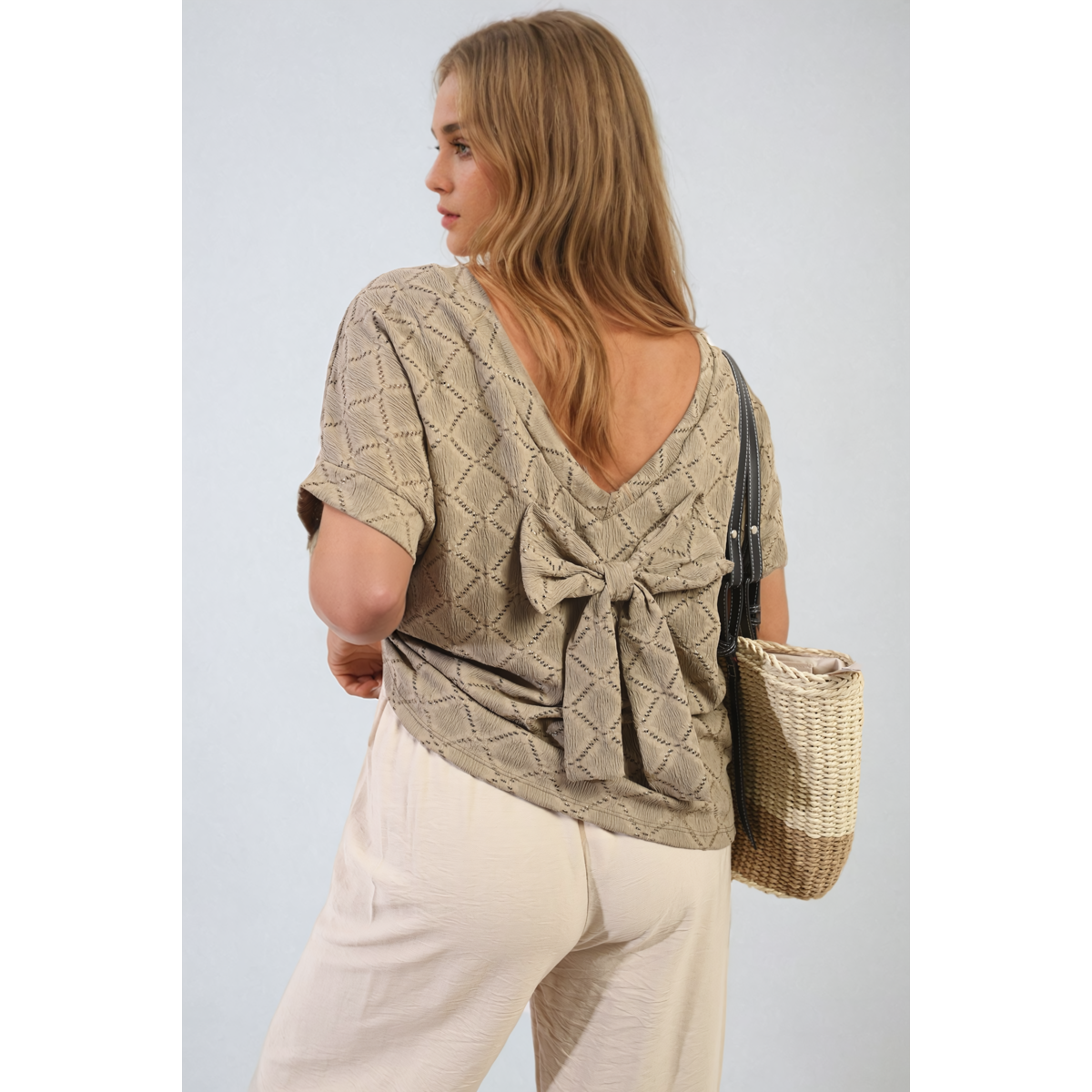 Bow Back Eyelet Details Short Sleeve Oversized Top