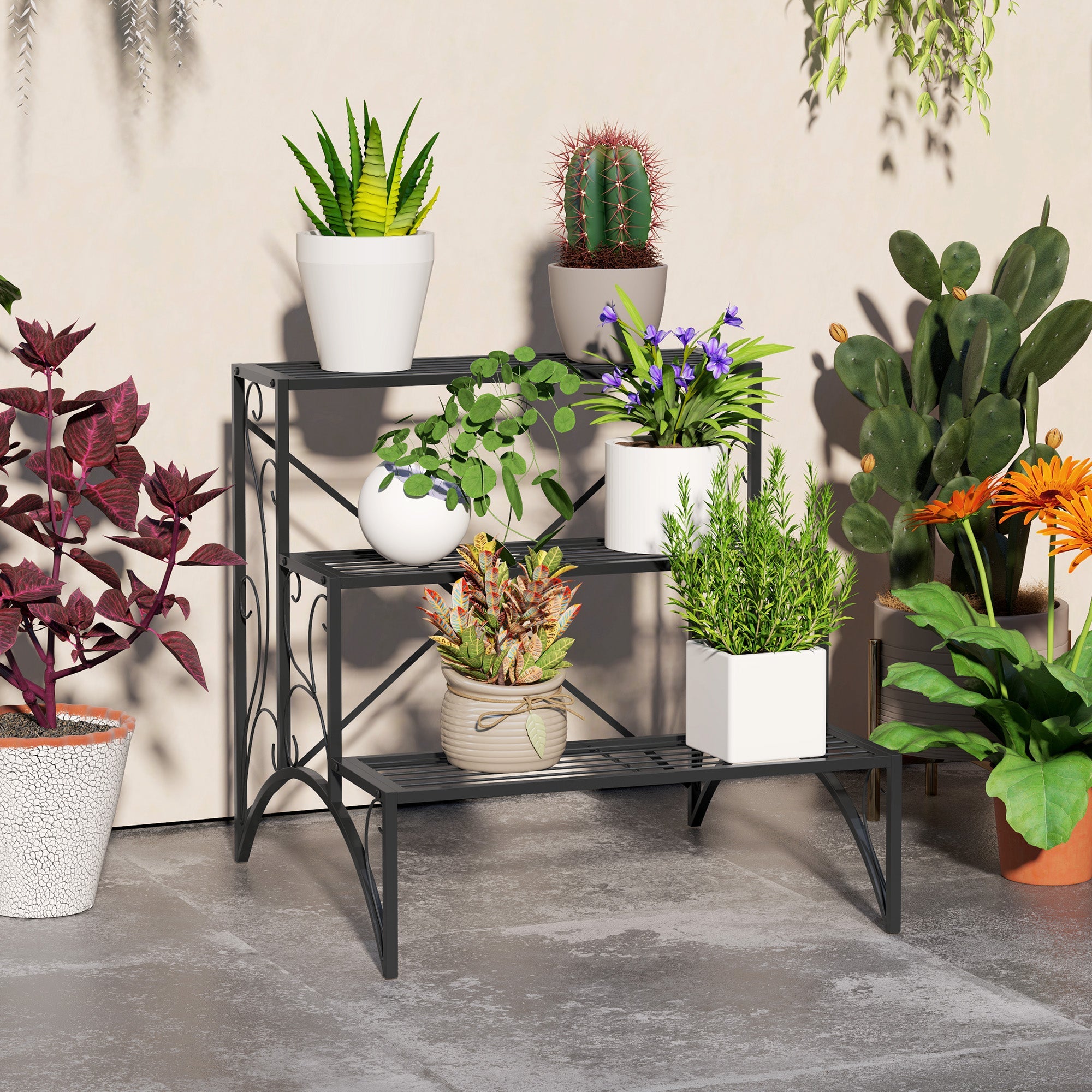 Outsunny 3-Tier Metal Plant Stand for Garden Balcony Indoor Outdoor, Black