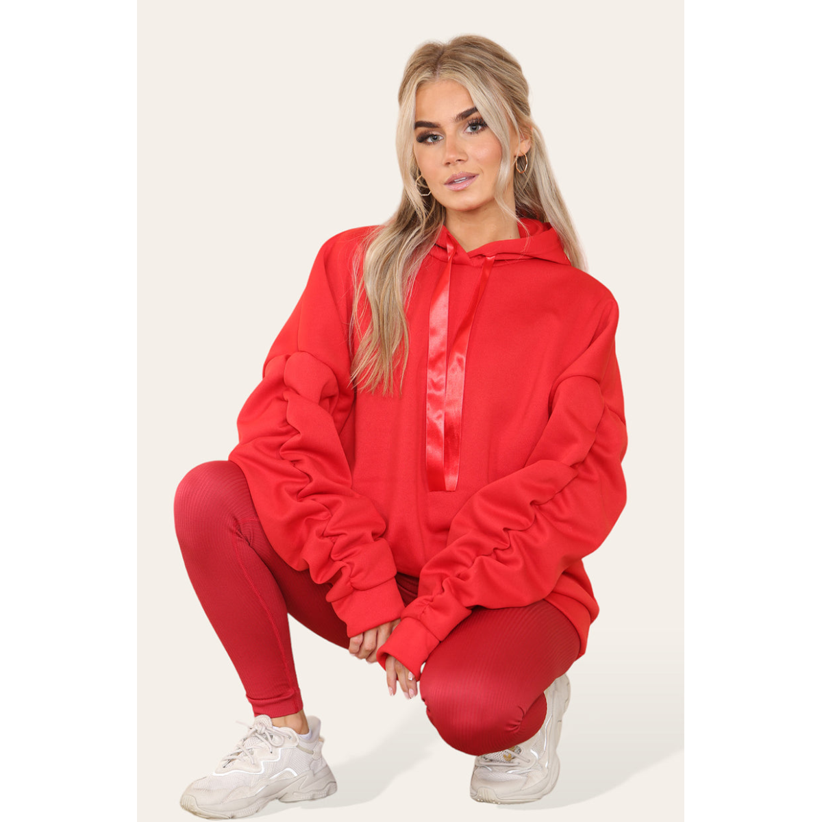 Ruched Sleeves Plus Size Hoodie with Satin Ribbon - Stylish Comfort