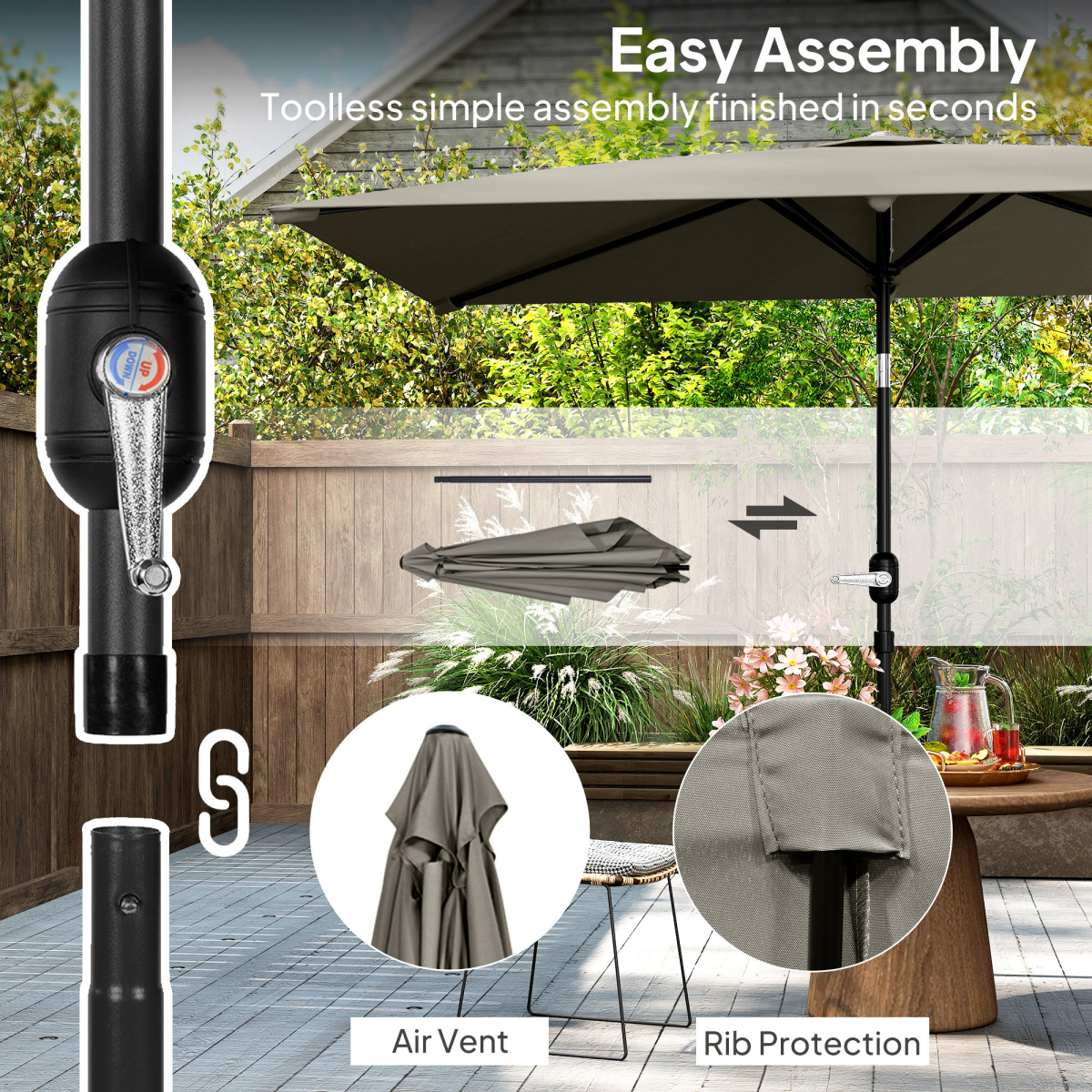 Outsunny 3x2m Garden Parasol Canopy Tilt Crank 6 Ribs Sun Shade