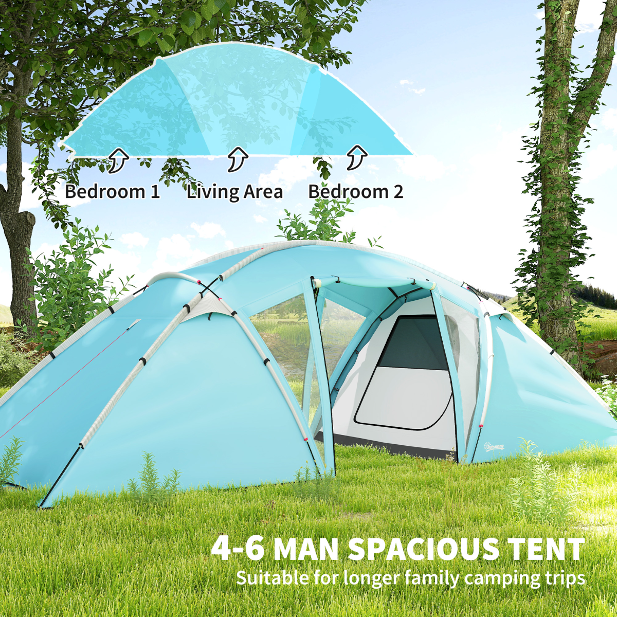 Outsunny 4-6 Man Family Camping Tent w/ 2 Bedrooms, a Living Room