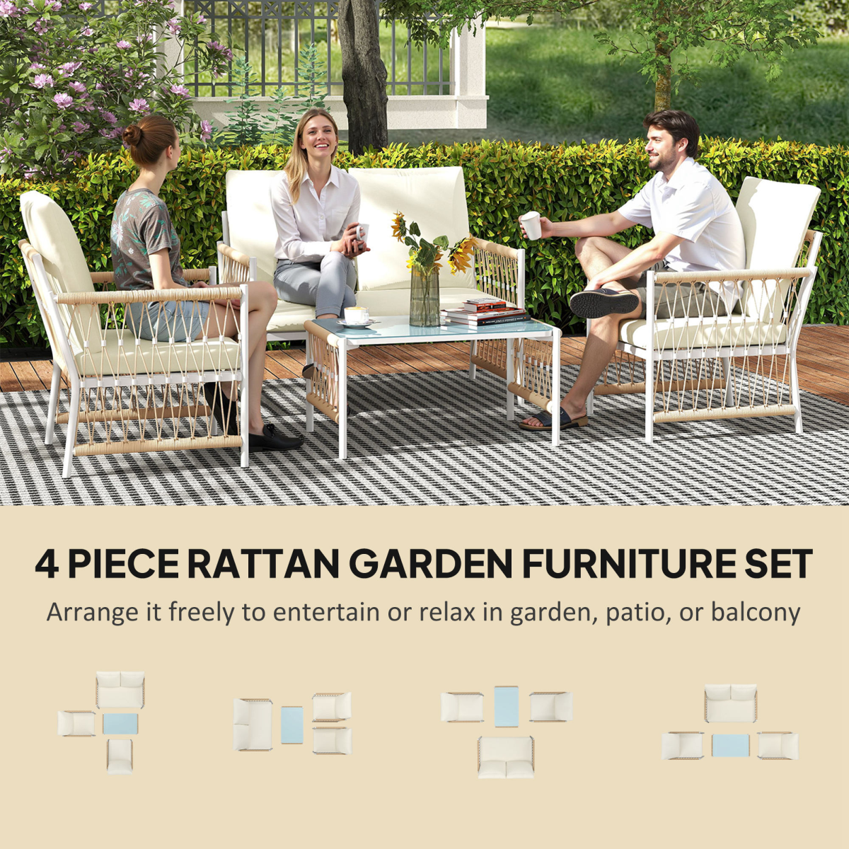 Outsunny 4 Seater Rattan Garden Sofa Set with Glass Top Coffee Table