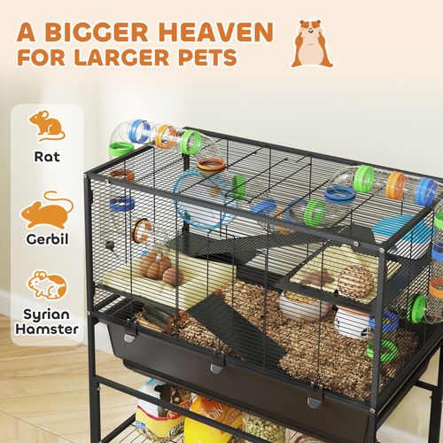 PawHut Hamster Cage, 3 Tier Gerbil Cage on Wheels with Storage Shelf