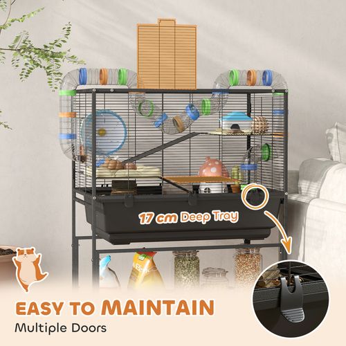 PawHut Hamster Cage, 3 Tier Gerbil Cage on Wheels with Storage Shelf