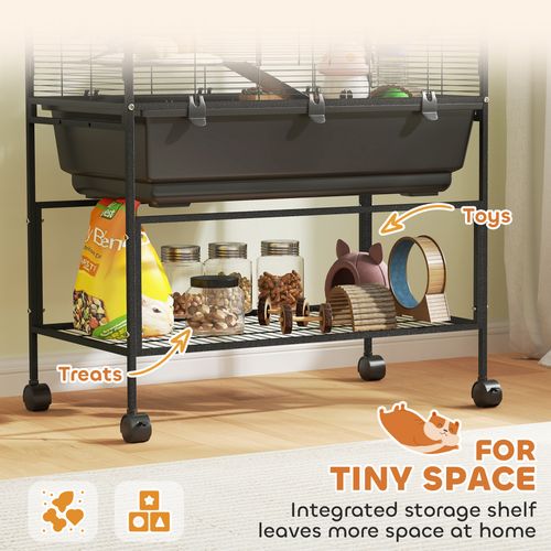 PawHut Hamster Cage, 3 Tier Gerbil Cage on Wheels with Storage Shelf