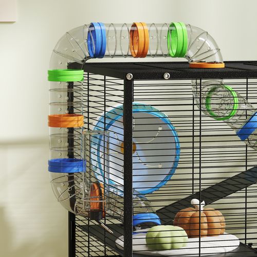 PawHut Hamster Cage, 3 Tier Gerbil Cage on Wheels with Storage Shelf