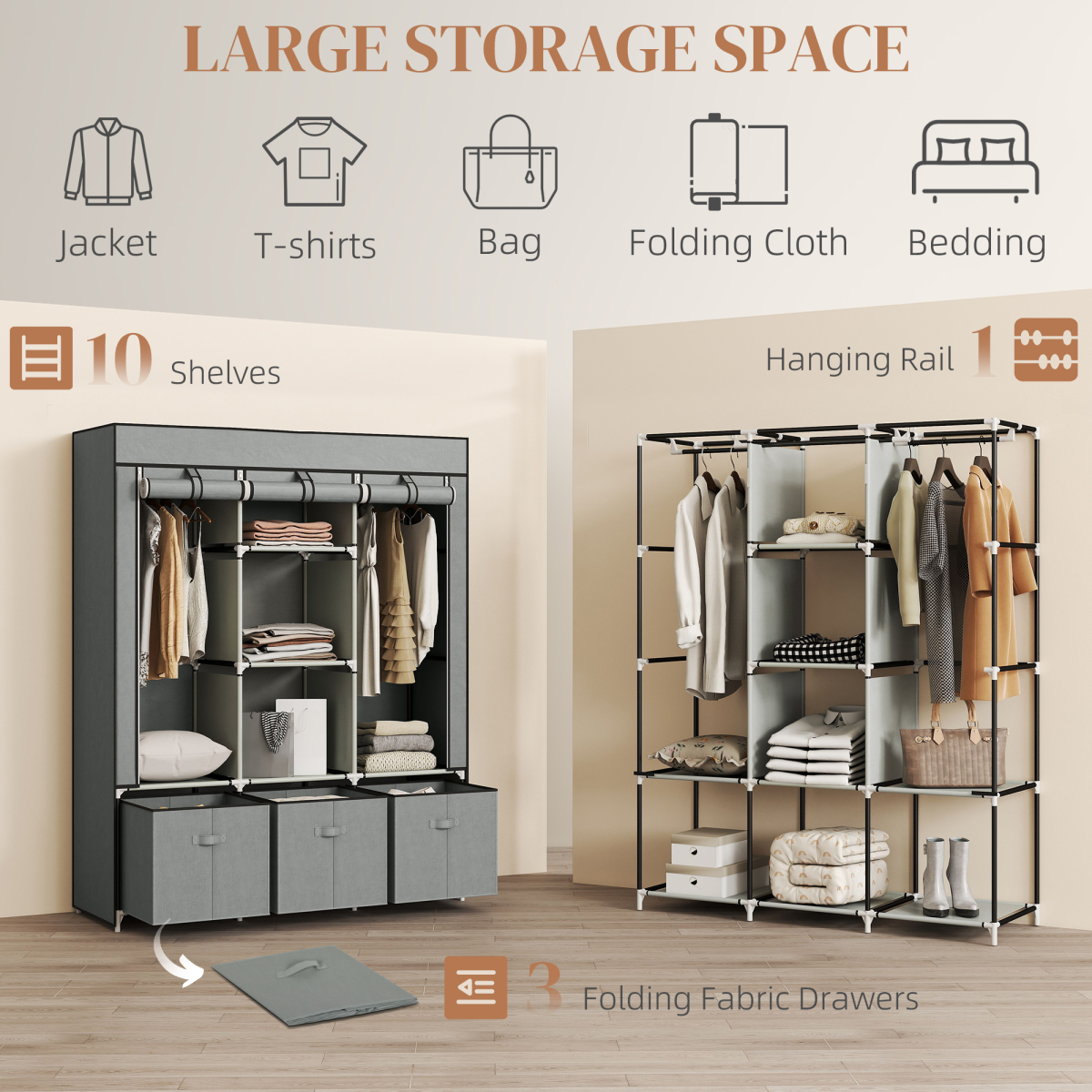 HOMCOM Portable Wardrobe w/ 5 Shelves 3 Fabric Drawers and 2 Hanging Rails