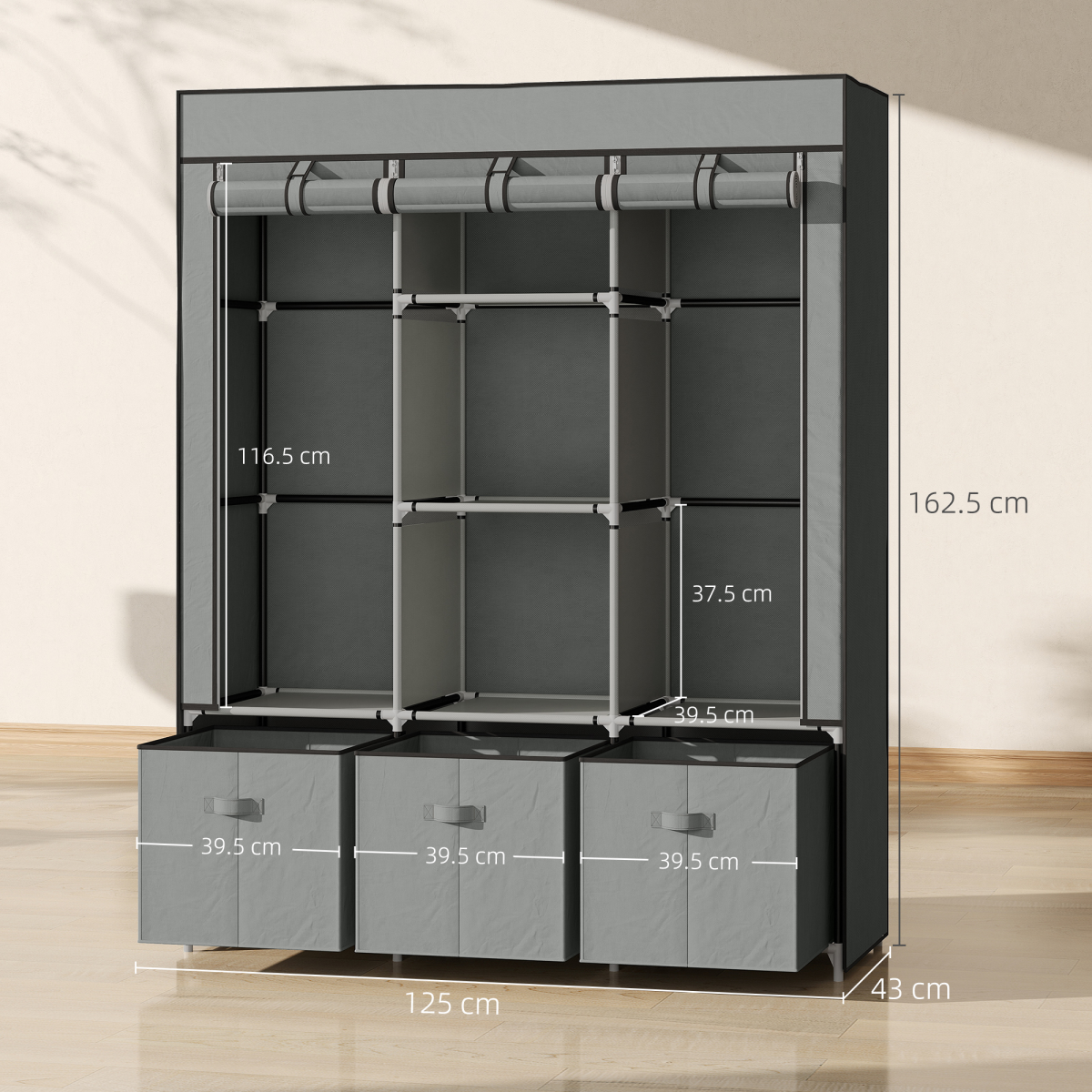 HOMCOM Portable Wardrobe w/ 5 Shelves 3 Fabric Drawers and 2 Hanging Rails