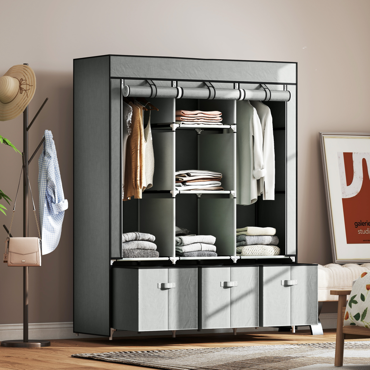 HOMCOM Portable Wardrobe w/ 5 Shelves 3 Fabric Drawers and 2 Hanging Rails