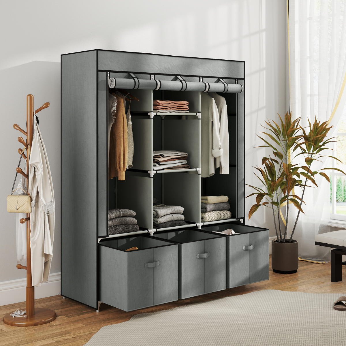 HOMCOM Portable Wardrobe w/ 5 Shelves 3 Fabric Drawers and 2 Hanging Rails