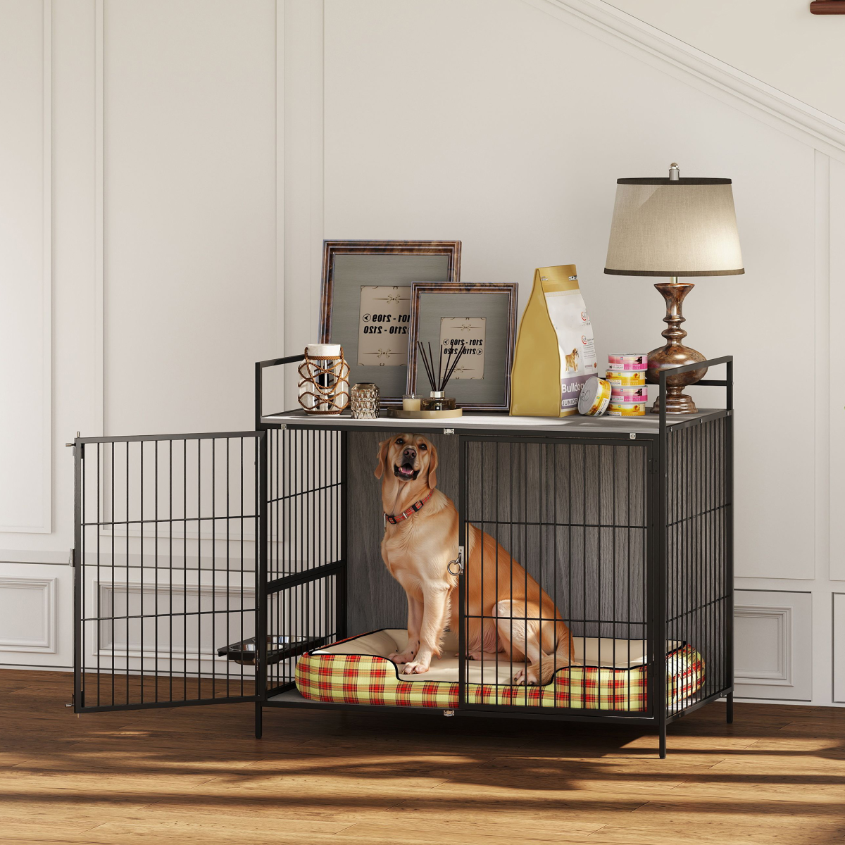 PawHut Dog Crate Furniture with Rotating Bowl Holder for Large Dogs