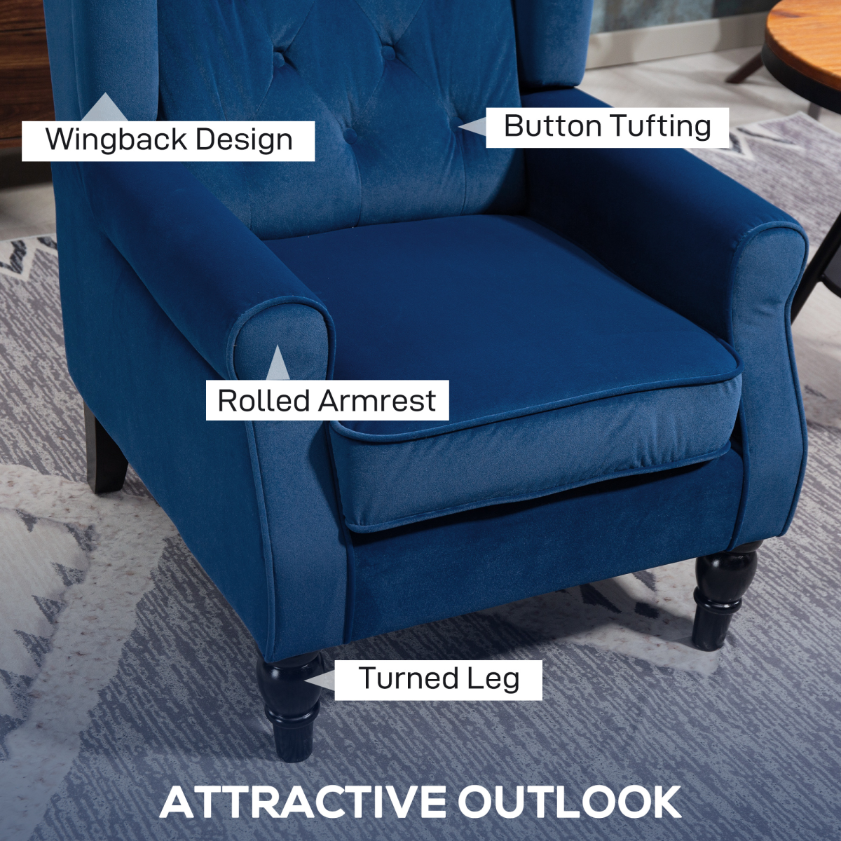 HOMCOM Accent Chair Wingback Armchair Retro Tufted Club Wood Fabric, Black