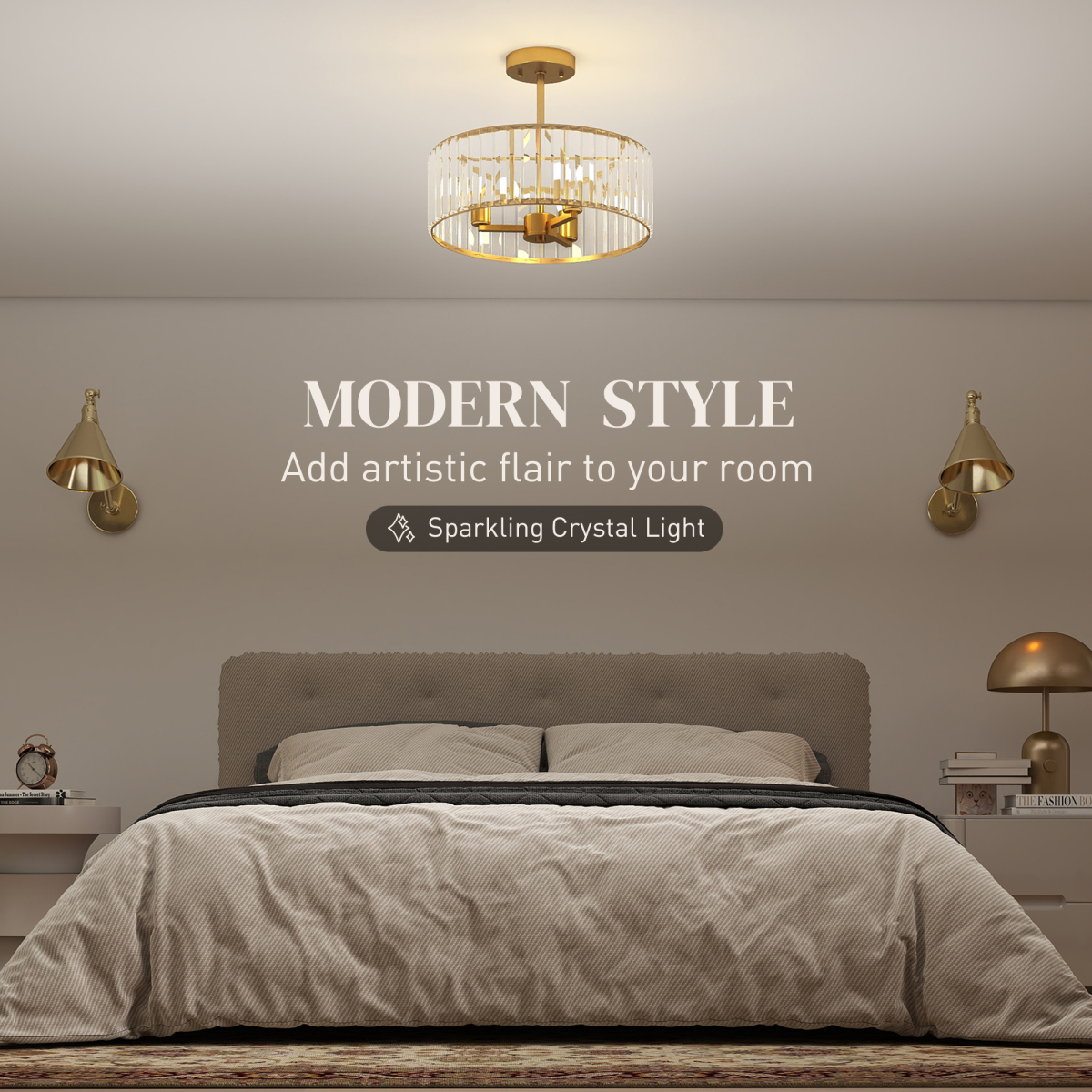 HOMCOM Semi Flush Mount Modern Crystal Chandelier Ceiling Light
