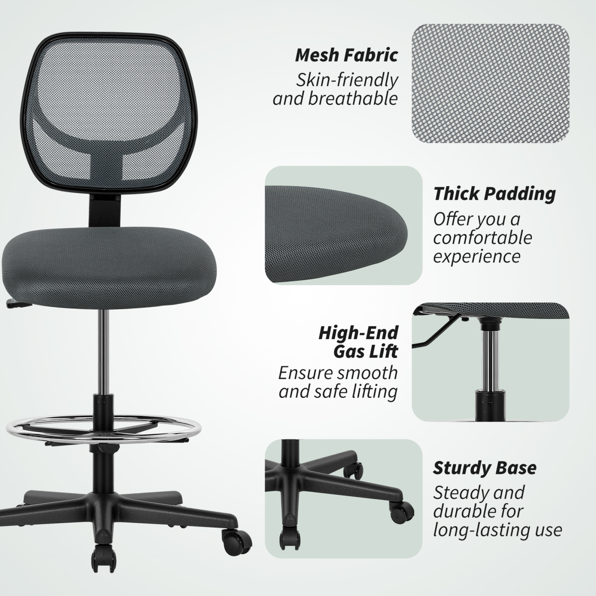 Vinsetto Swivel Mesh Office Chair w/ Adjustable Footrest Ring