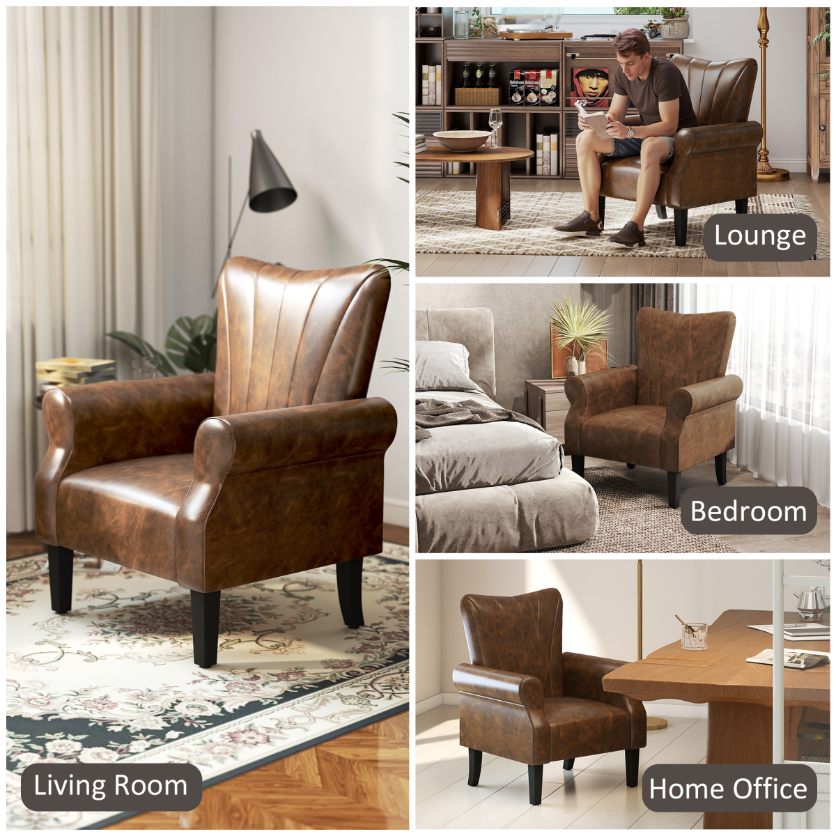 HOMCOM Upholstered Modern Accent Chair, Armchair with Wood Legs, Brown