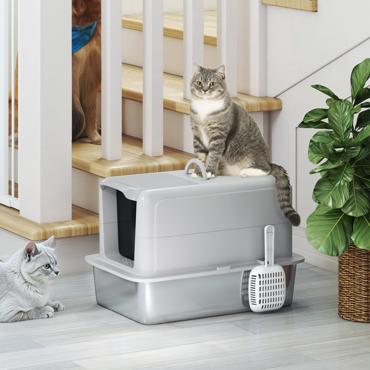 PawHut Stainless Steel Cat Litter Box with Removable Lid, Scoop
