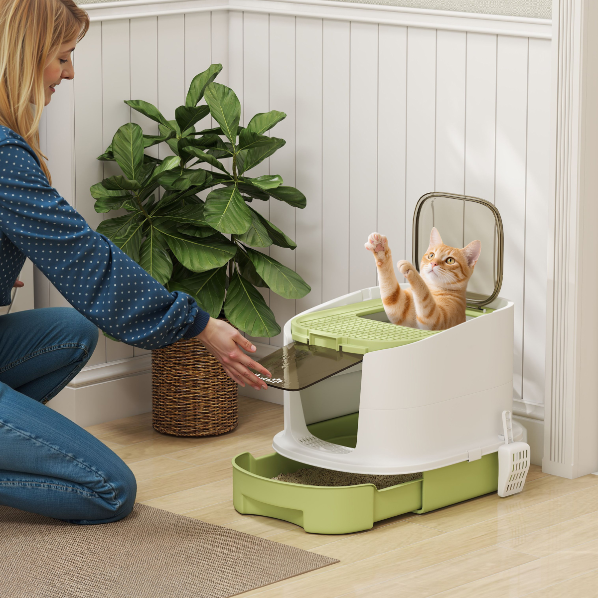 PawHut Cat Litter Box, Hooded Cat Litter Tray with Lid, Scoop