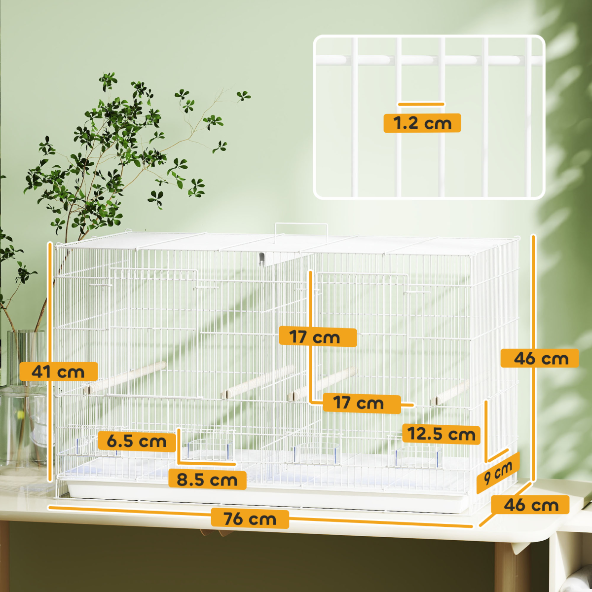 PawHut Bird Cage with Divider, 4 Wooden Perches, Slide Out Tray