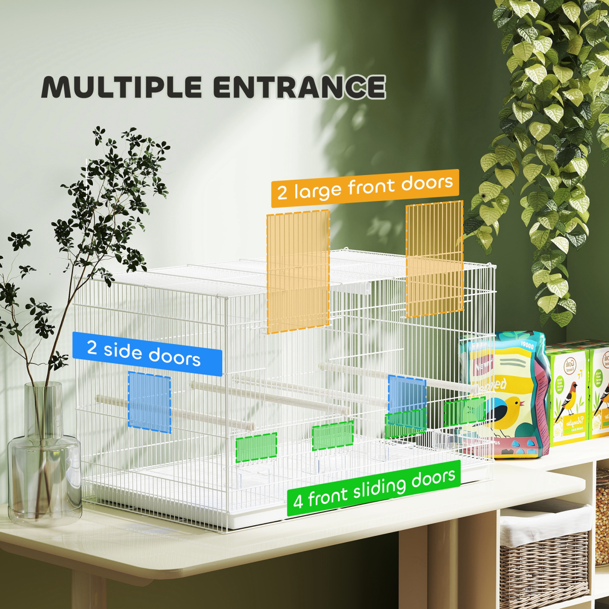 PawHut Bird Cage with Divider, 4 Wooden Perches, Slide Out Tray
