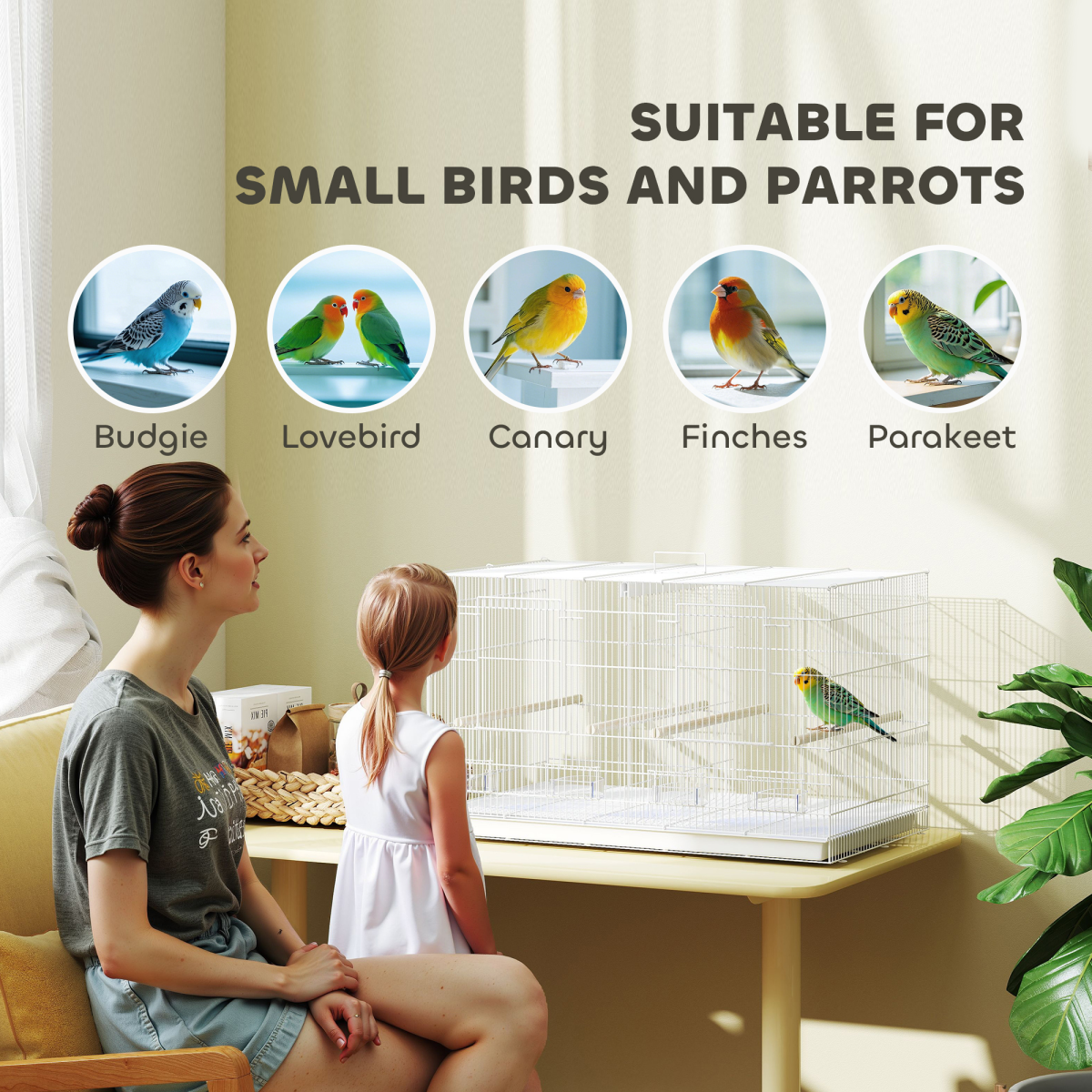 PawHut Bird Cage with Divider, 4 Wooden Perches, Slide Out Tray
