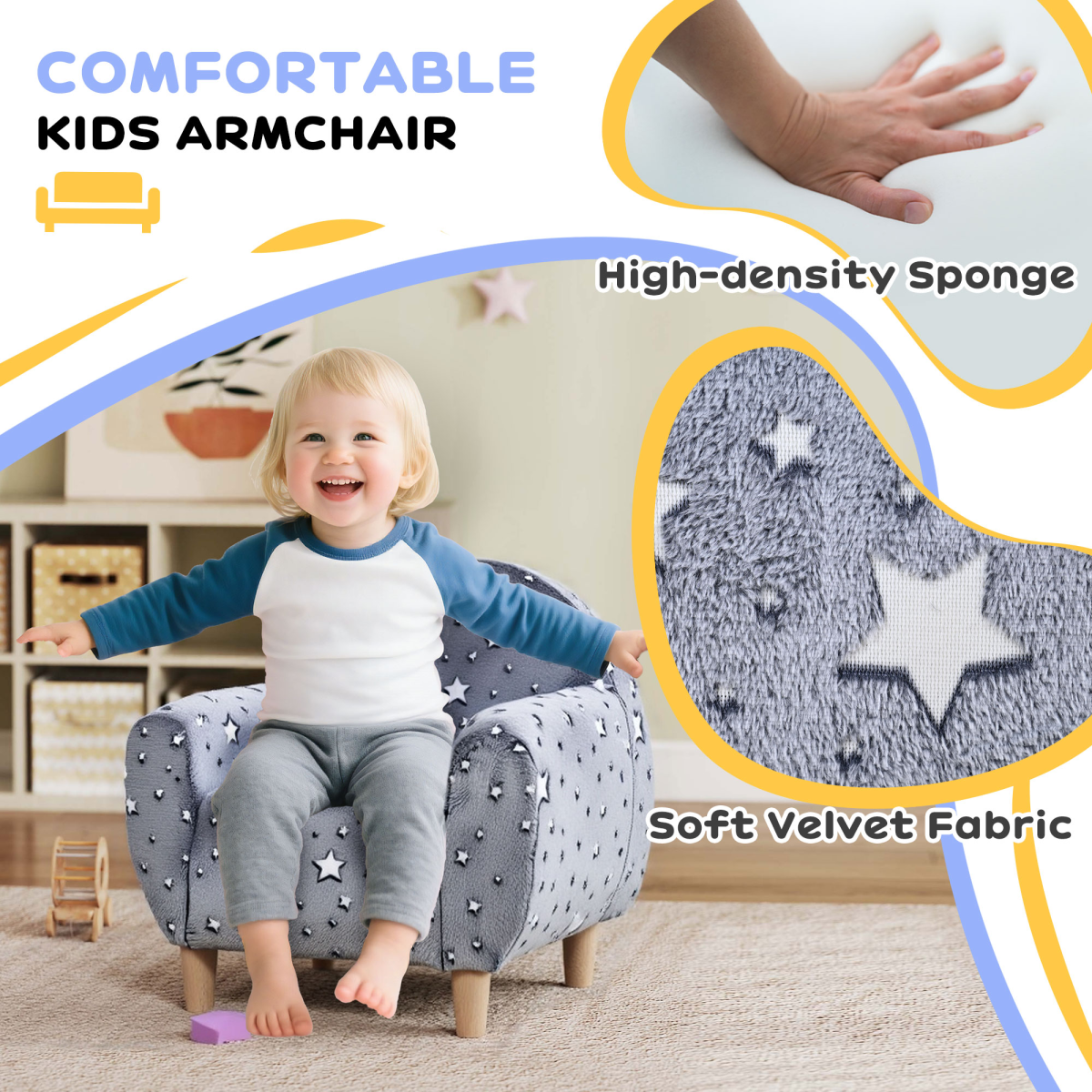 AIYAPLAY Kids Armchair, Glow in the Dark Chair for Bedroom, Grey